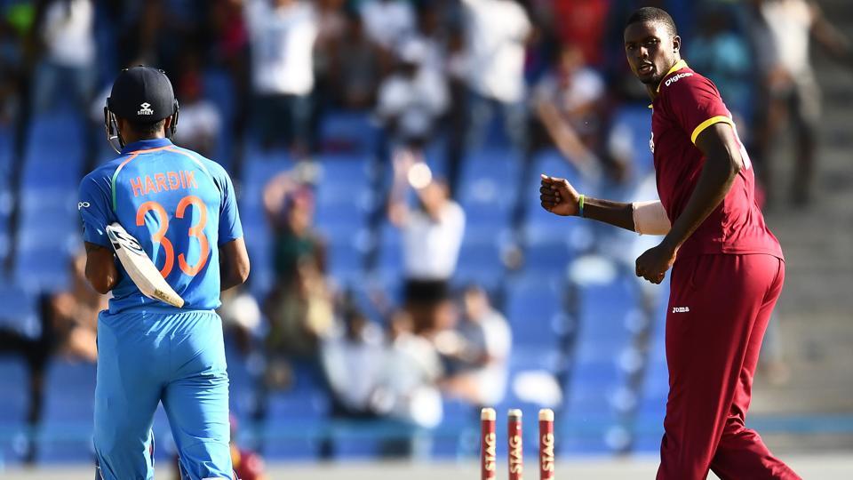 Jason Holder after taking the wicket of Hardik Pandya