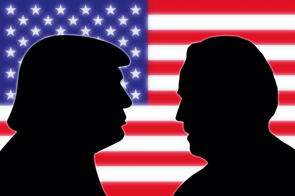 Donald Trump and Joe Biden in front of US flag (photomontage). The United States 2020 presidential election is scheduled for November 3, 2020. Photo: AFP
